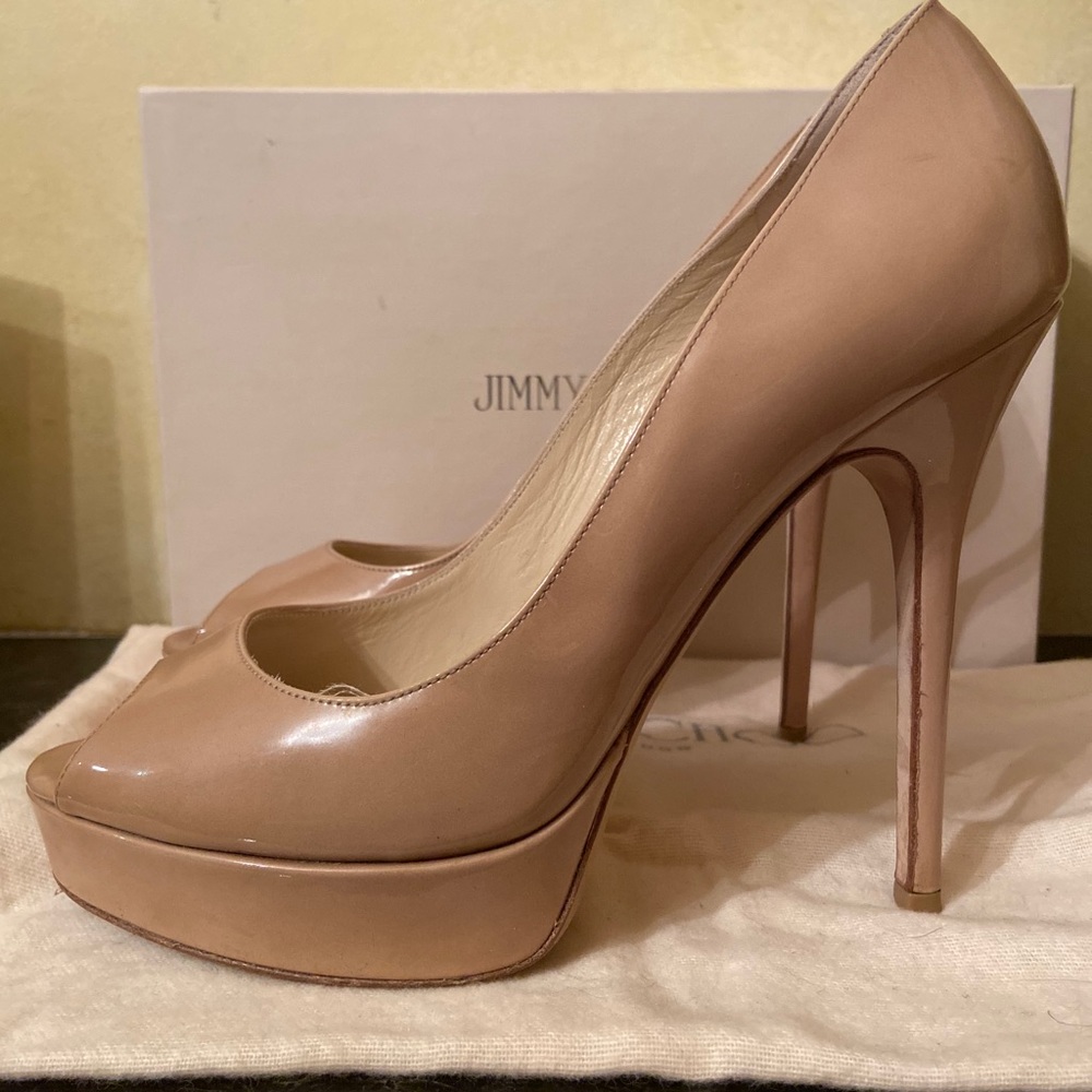 Jimmy Choo crown patent leather pump.
